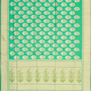 Green Handwoven Benares Silk Saree With Floral Motifs In Gold & Silver Zari