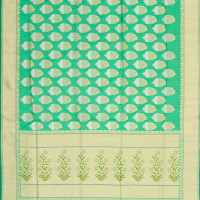 Green Handwoven Benares Silk Saree With Floral Motifs In Gold & Silver Zari