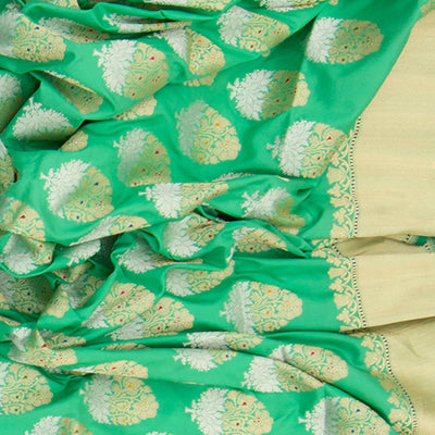 Green Handwoven Benares Silk Saree With Floral Motifs In Gold & Silver Zari