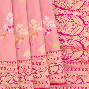 Bubble Gum Pink Handwoven Benares Silk Saree With Floral Motifs
