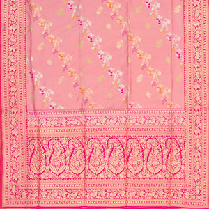 Bubble Gum Pink Handwoven Benares Silk Saree With Floral Motifs