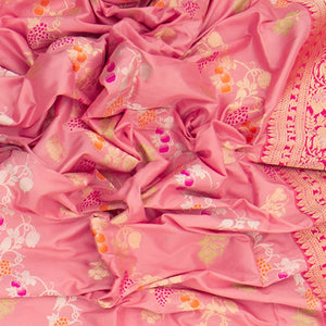 Bubble Gum Pink Handwoven Benares Silk Saree With Floral Motifs