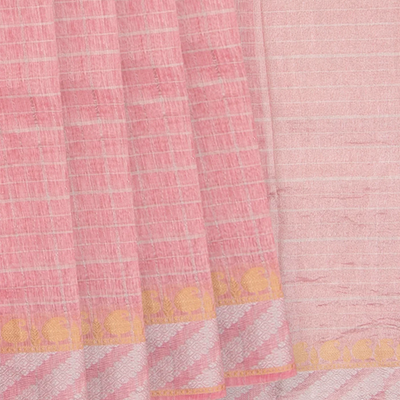 Baby Pink Handwoven Benares Linen Silk Saree With Checks