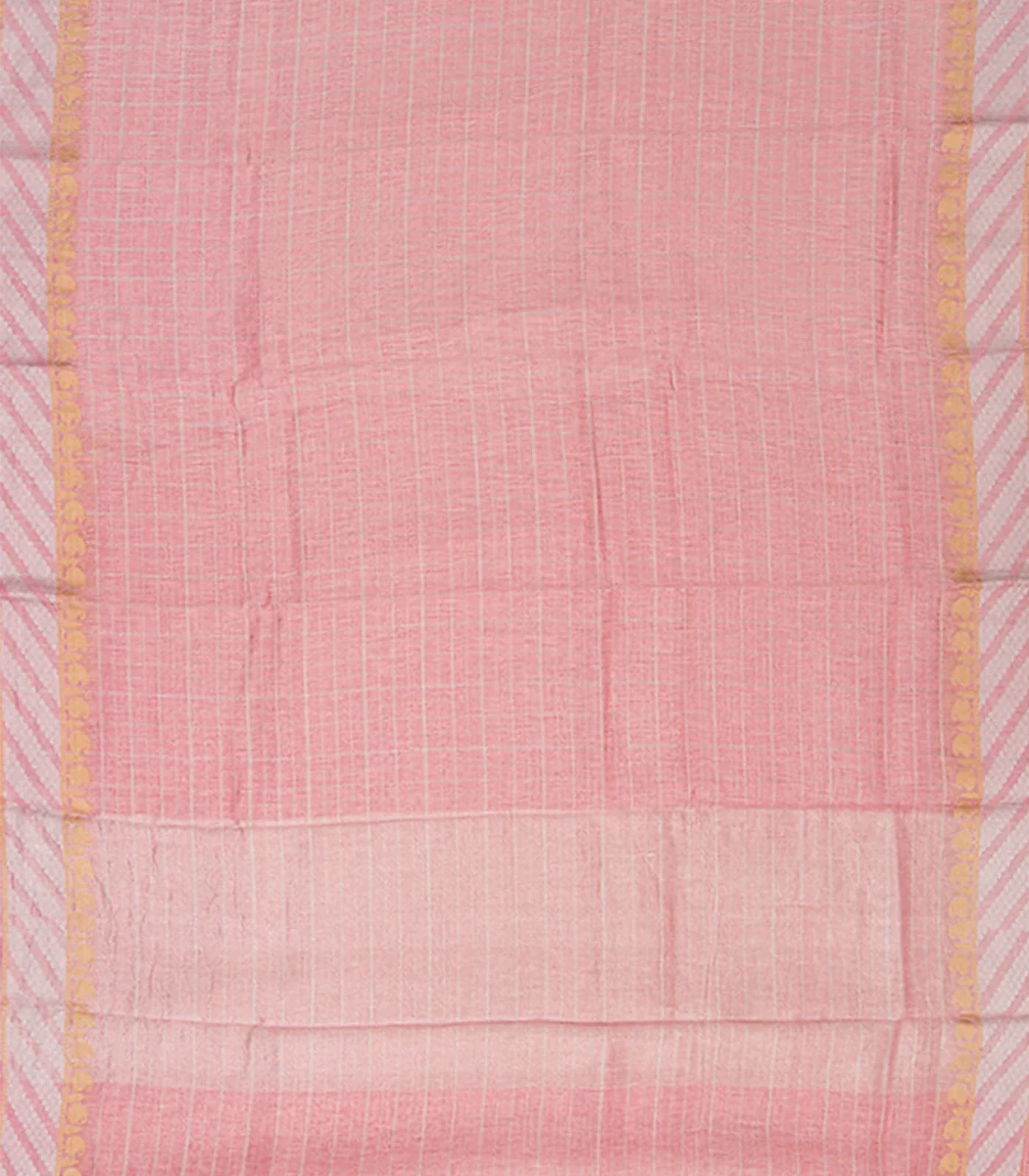 Baby Pink Handwoven Benares Linen Silk Saree With Checks
