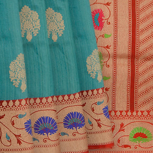 Mustard Handwoven Benares Tussar Silk Saree Red Contrast Border-Mustard