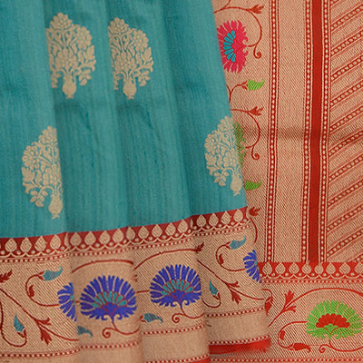 Mustard Handwoven Benares Tussar Silk Saree Red Contrast Border-Mustard