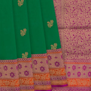 Green Handwoven Benarasi Tussar Silk Saree With Flower Butta With Purple Evening Morning Border-Green