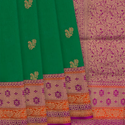Green Handwoven Benarasi Tussar Silk Saree With Flower Butta With Purple Evening Morning Border-Green