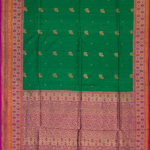 Green Handwoven Benarasi Tussar Silk Saree With Flower Butta With Purple Evening Morning Border-Green