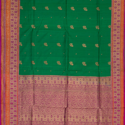 Green Handwoven Benarasi Tussar Silk Saree With Flower Butta With Purple Evening Morning Border-Green