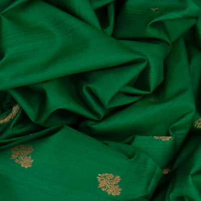 Green Handwoven Benarasi Tussar Silk Saree With Flower Butta With Purple Evening Morning Border-Green