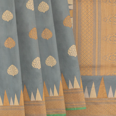 Grey Handwoven Benarasi SIlk Saree With Flower Butta & Diamond Motifs in Border & Pallu-Grey