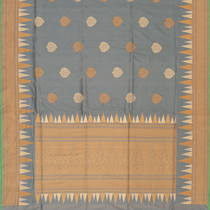 Grey Handwoven Benarasi SIlk Saree With Flower Butta & Diamond Motifs in Border & Pallu-Grey