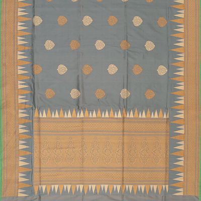 Grey Handwoven Benarasi SIlk Saree With Flower Butta & Diamond Motifs in Border & Pallu-Grey