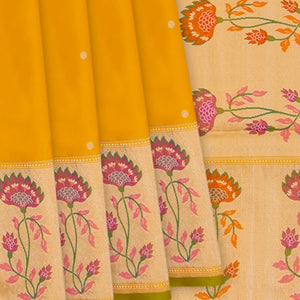 Mustard Handwoven Benarasi Silk Saree With Micro Butta & Flower Motifs in Meena Border & Pallu-Mustard