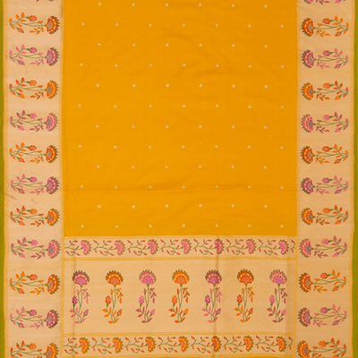 Mustard Handwoven Benarasi Silk Saree With Micro Butta & Flower Motifs in Meena Border & Pallu-Mustard