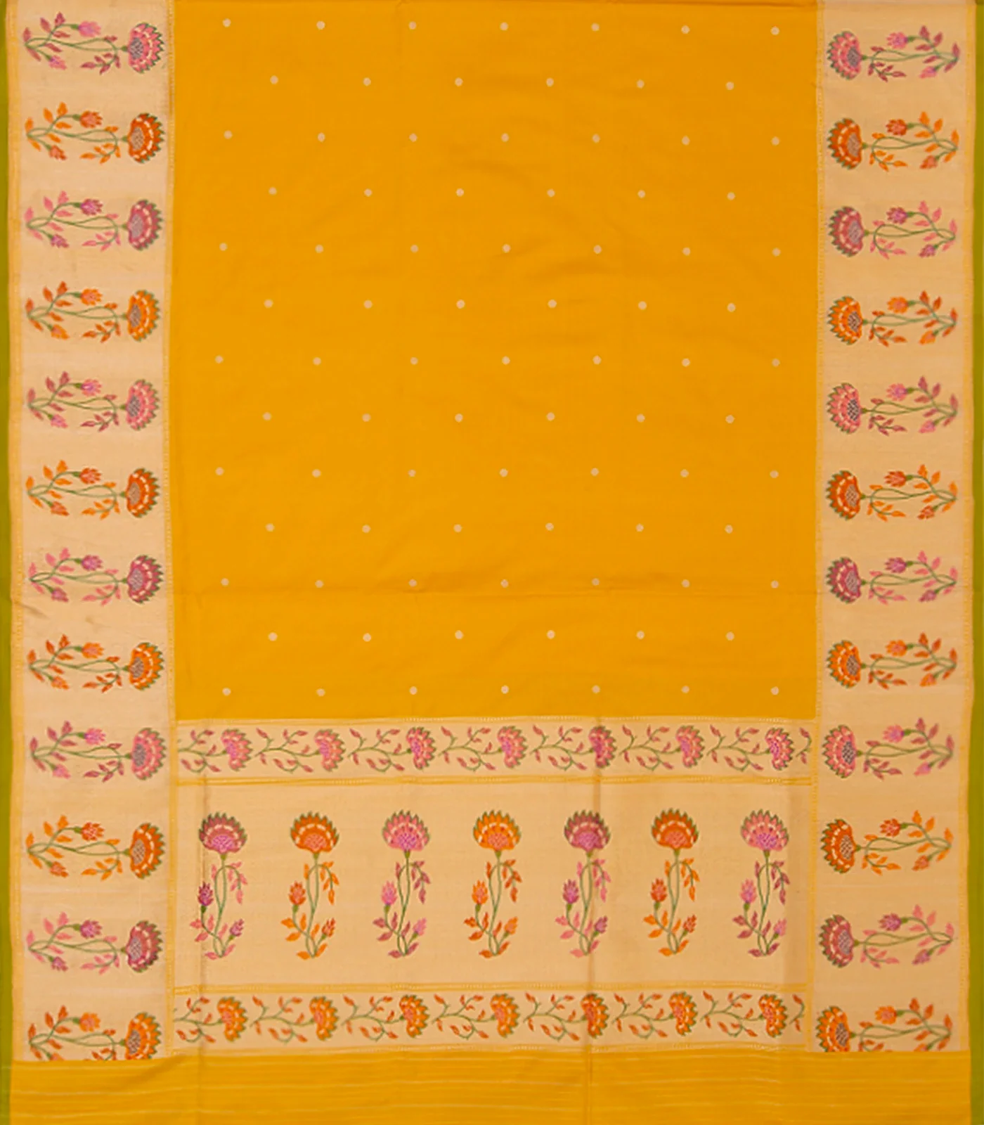 Mustard Handwoven Benarasi Silk Saree With Micro Butta & Flower Motifs in Meena Border & Pallu-Mustard