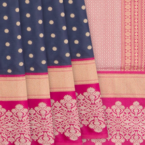 Blue Handwoven Benarasi Silk Saree With Dotted Motifs & Floral Motifs in Contrast Pink Border-Blue