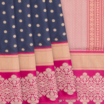 Blue Handwoven Benarasi Silk Saree With Dotted Motifs & Floral Motifs in Contrast Pink Border-Blue