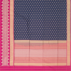Blue Handwoven Benarasi Silk Saree With Dotted Motifs & Floral Motifs in Contrast Pink Border-Blue