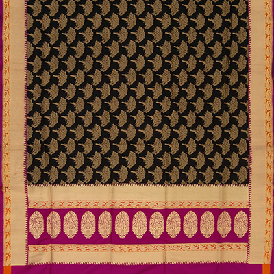 Black Handwoven Benarasi Silk Saree With Tree Motifs & Paisley Motifs in Pink Border & Pallu-Black
