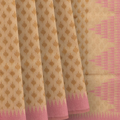 Beige Handwoven Benarasi Organza Silk Saree With Leaf Motifs & Baby Pink Border-Beige