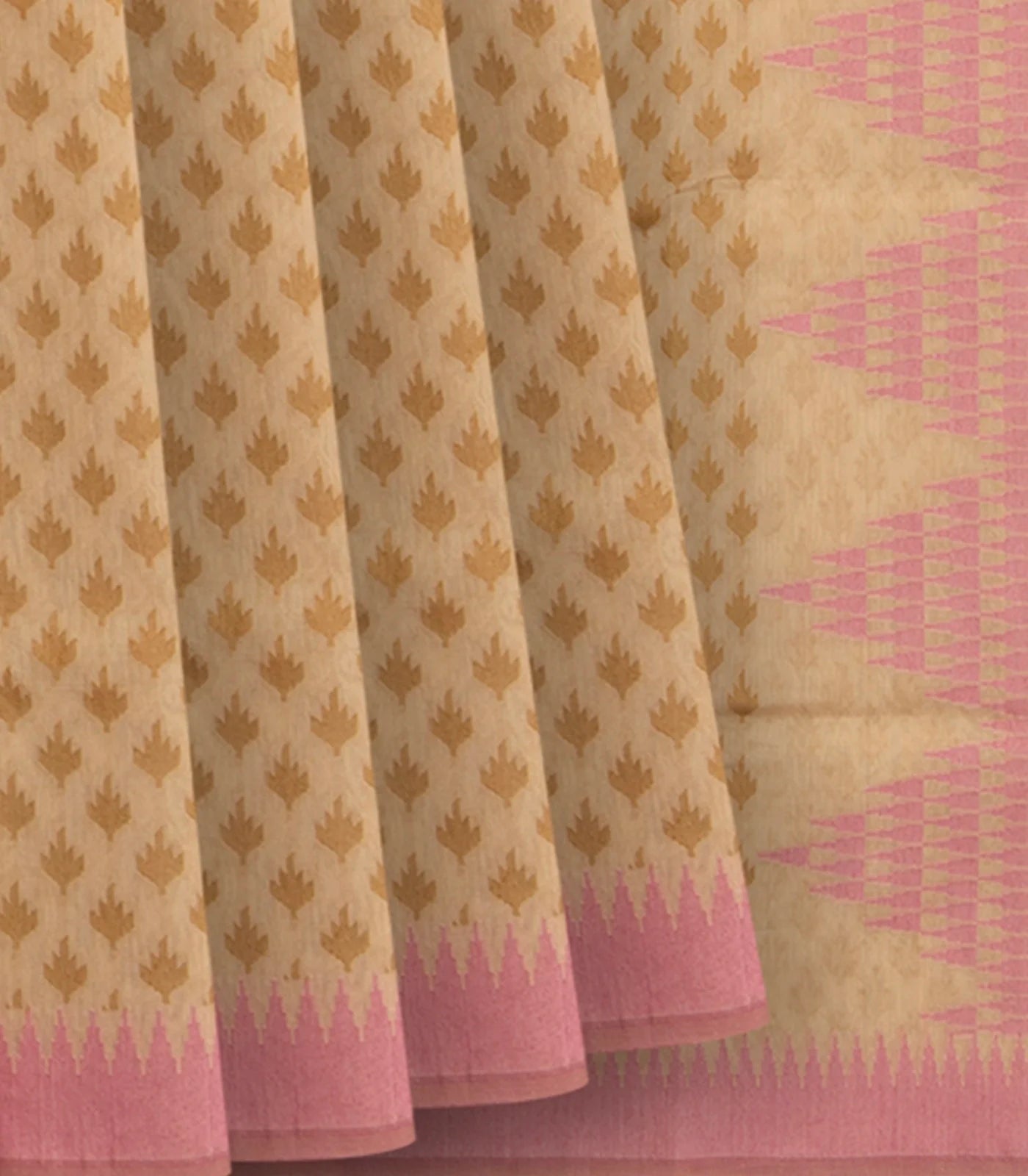 Beige Handwoven Benarasi Organza Silk Saree With Leaf Motifs & Baby Pink Border-Beige