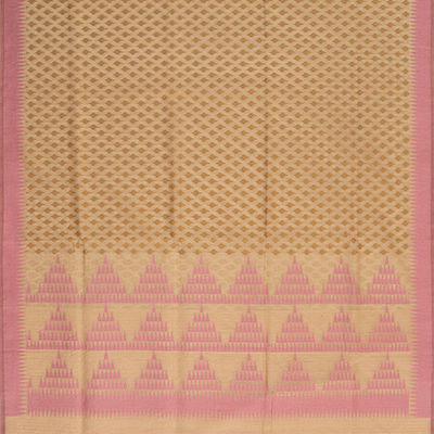Beige Handwoven Benarasi Organza Silk Saree With Leaf Motifs & Baby Pink Border-Beige