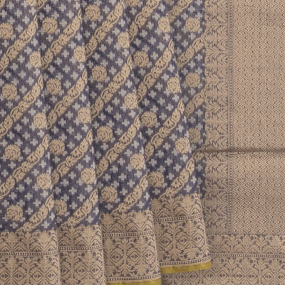 Grey Handwoven Benarasi Organza Silk Saree With Diagonal Vine Motifs -Grey