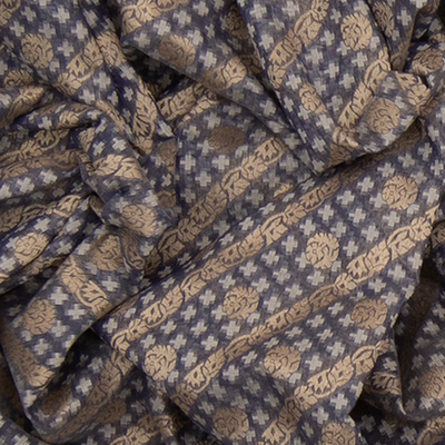 Grey Handwoven Benarasi Organza Silk Saree With Diagonal Vine Motifs -Grey