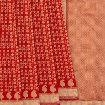 Red Handwoven Benarasi Jamdhani Saree With Chakaram Motifs in Checks With Mango Motifs in Pallu-Red
