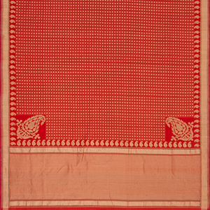 Red Handwoven Benarasi Jamdhani Saree With Chakaram Motifs in Checks With Mango Motifs in Pallu-Red