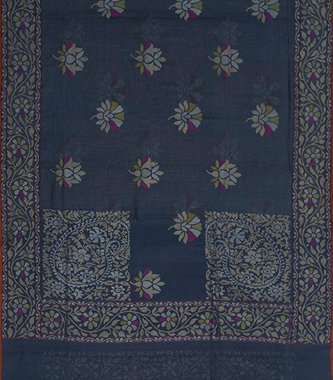 Blue Handwoven Benarasi "Neelambari" Jamdhani Saree With Floral Vine Motifs & Corner Pailsey Butta-Blue