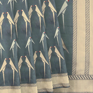 Grey Handwoven Benarasi Silk Saree With Bird Motifs & Diagonal Stripes in Zari Border-Grey