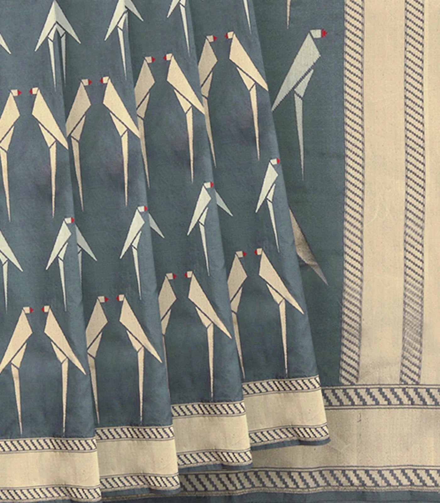 Grey Handwoven Benarasi Silk Saree With Bird Motifs & Diagonal Stripes in Zari Border-Grey
