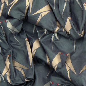 Grey Handwoven Benarasi Silk Saree With Bird Motifs & Diagonal Stripes in Zari Border-Grey