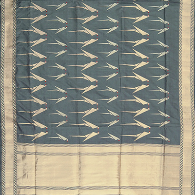 Grey Handwoven Benarasi Silk Saree With Bird Motifs & Diagonal Stripes in Zari Border-Grey