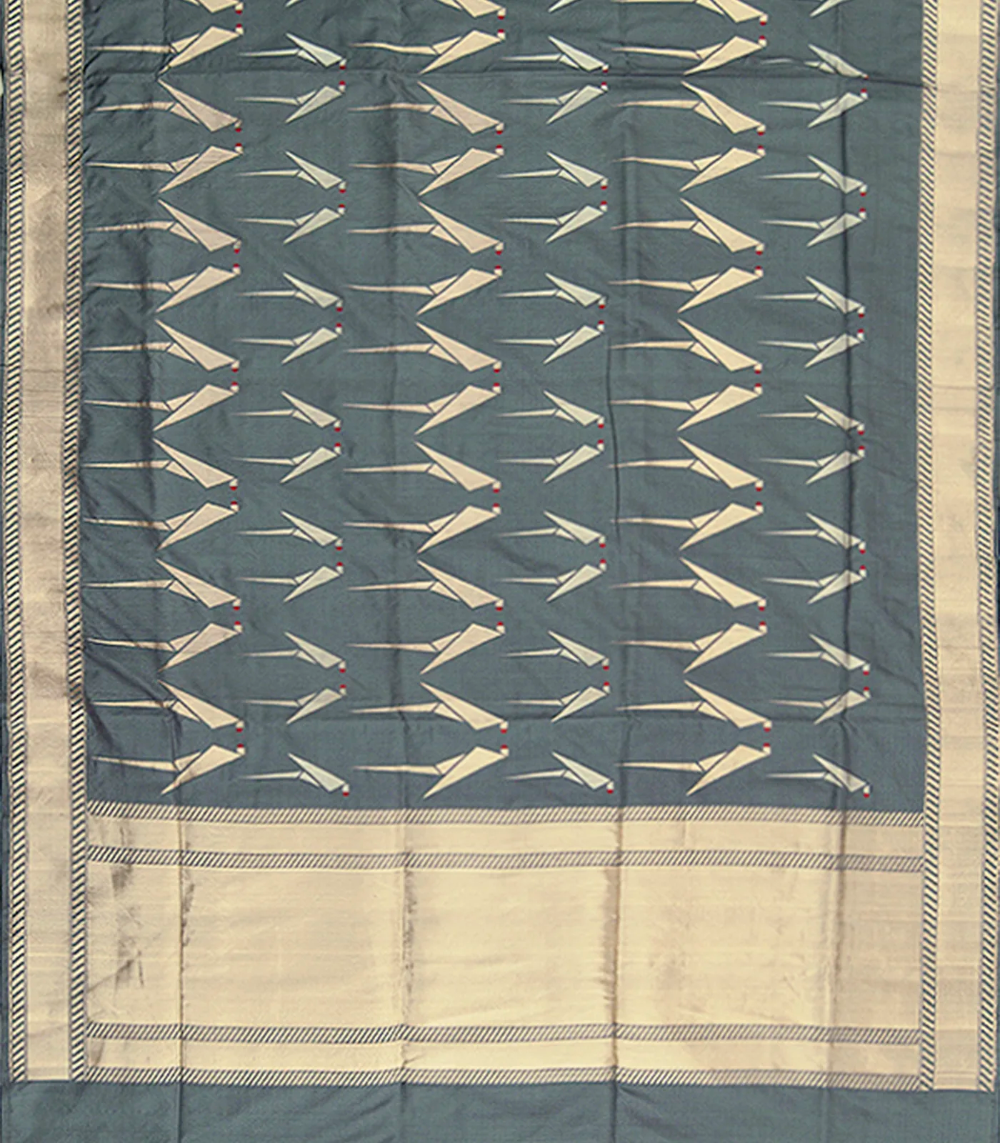 Grey Handwoven Benarasi Silk Saree With Bird Motifs & Diagonal Stripes in Zari Border-Grey