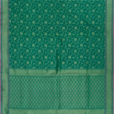 Green Handwoven Uppada Weave Silk Saree With Floral Vine Motifs & Zari Border-Green