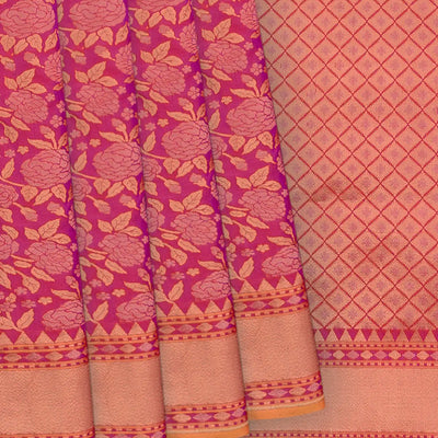 Hot Pink Handwoven Uppada Weave Silk Saree With Floral Motifs & Zari Border-Hot Pink