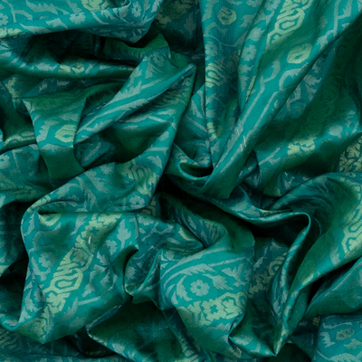 Cyan Handwoven Banarasi Silk Saree With Diagonal Vine Motifs