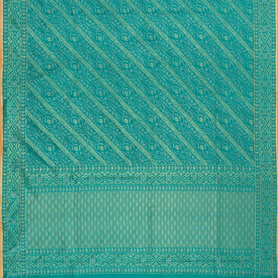 Cyan Handwoven Banarasi Silk Saree With Diagonal Vine Motifs