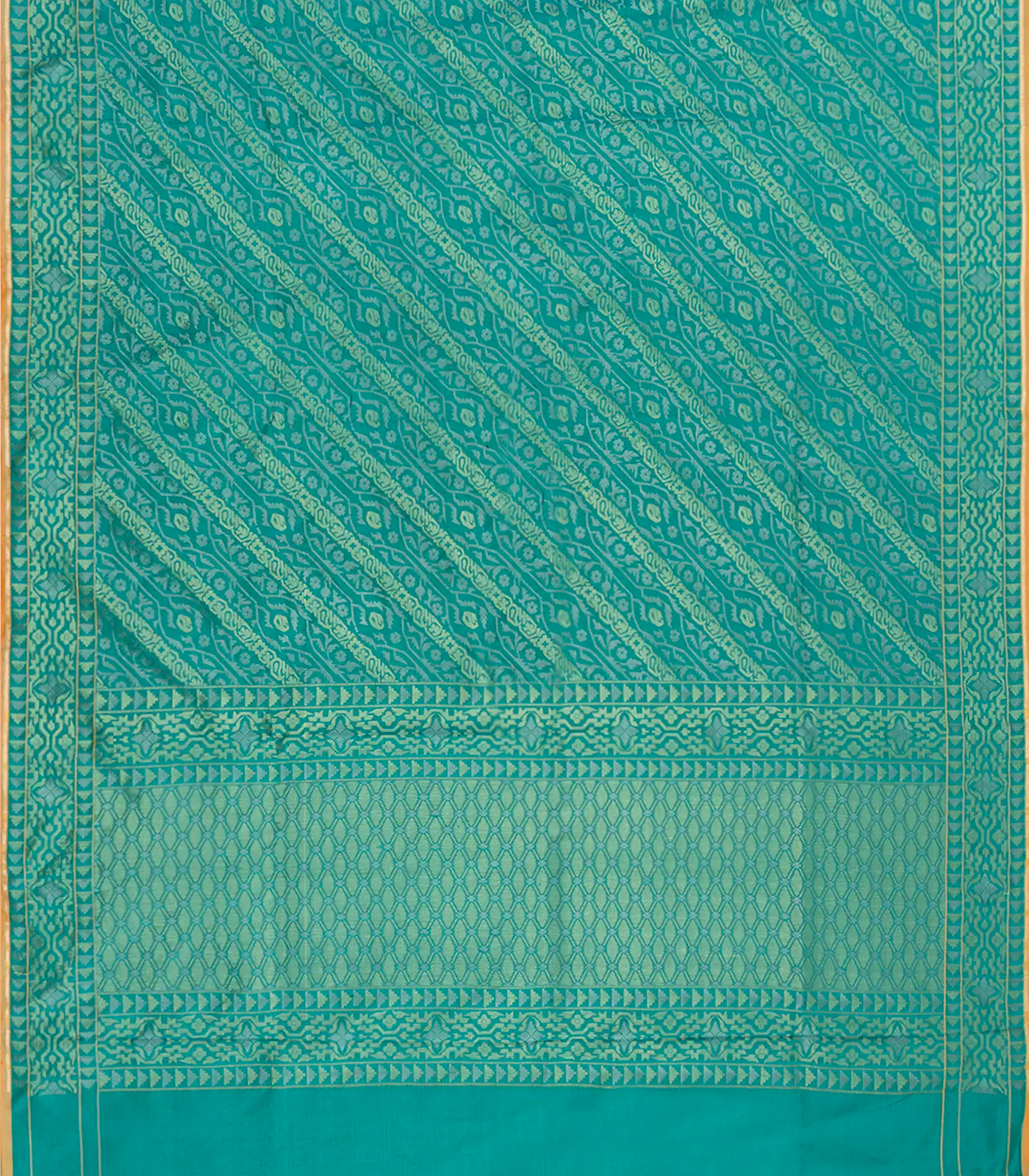 Cyan Handwoven Banarasi Silk Saree With Diagonal Vine Motifs