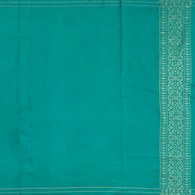 Cyan Handwoven Banarasi Silk Saree With Diagonal Vine Motifs