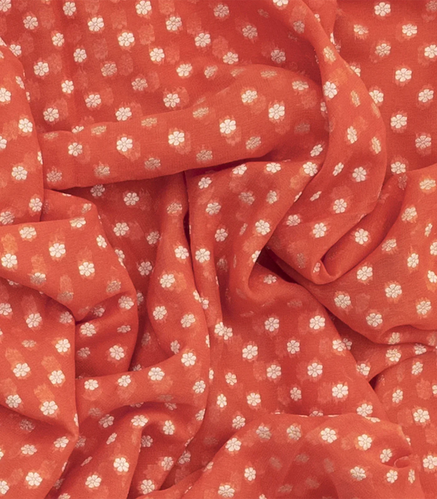 Rust Handwoven Khaddi Geirgette Silk Saree With Floral Motifs & Vine Motifs in Border-Rust