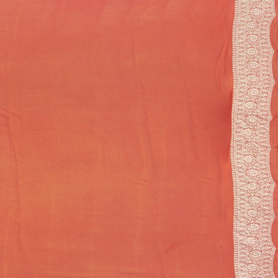 Rust Handwoven Khaddi Geirgette Silk Saree With Floral Motifs & Vine Motifs in Border-Rust