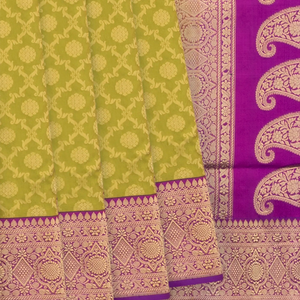 Olive Green Handwoven Banarasi Silk Saree With Contrast Pink Border & Pallu-Olive Green