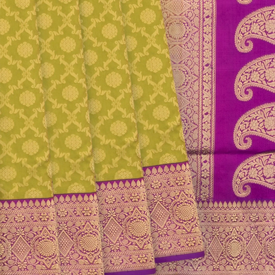 Olive Green Handwoven Banarasi Silk Saree With Contrast Pink Border & Pallu-Olive Green