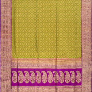 Olive Green Handwoven Banarasi Silk Saree With Contrast Pink Border & Pallu-Olive Green