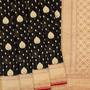 Black Handwoven Banarasi Khaddi Georgette Saree With Maroon Border-Black